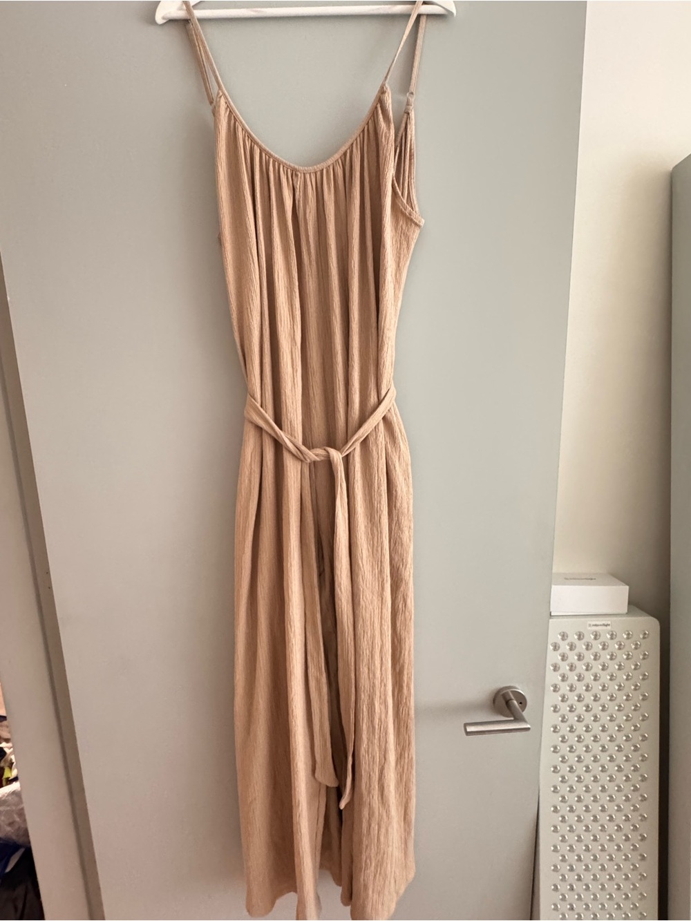 Beige Spaghetti-Strap Jumpsuit with Waist Tie